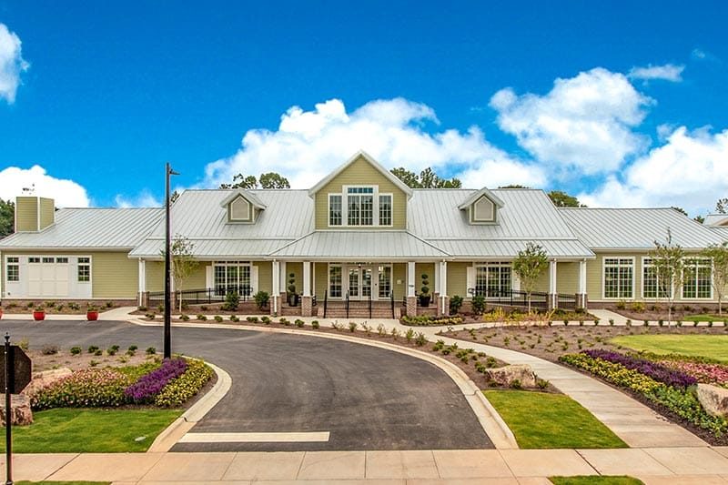 Exterior view of the clubhouse at Cresswind Charlotte, a 55+ community in Charlotte, North Carolina.