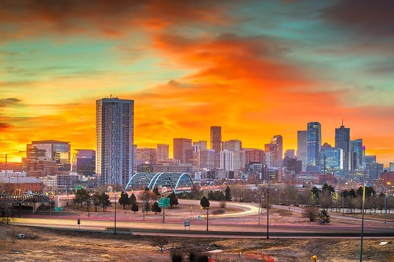 The Downtown Denver skyline at dawn.