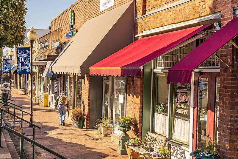 View down Main Street in Downtown Pittsboro, North Carolina.