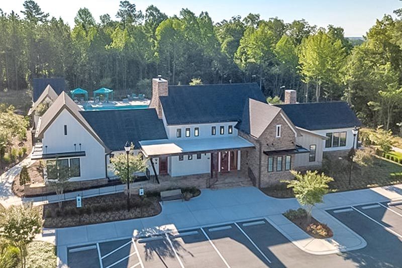 Aerial view of the clubhouse and entrance to Encore at Briar Chapel in Chapel Hill, North Carolina.