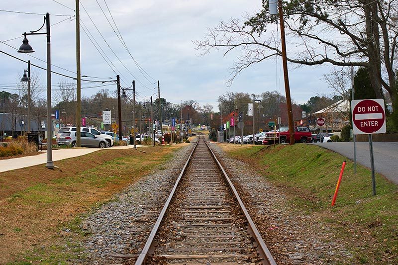 View of the Georgia Northeastern Railroad running through Downtown Woodstock, Georgia.