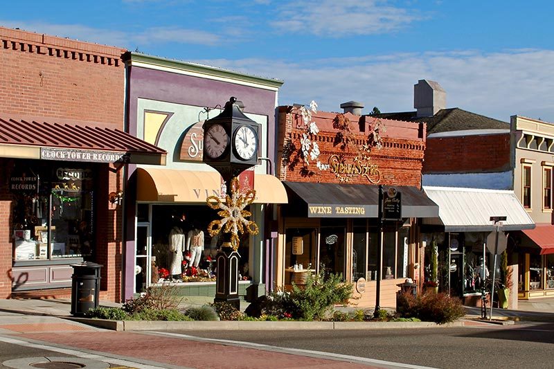 The Main Street with a clock tower in Grass Valley, California.
