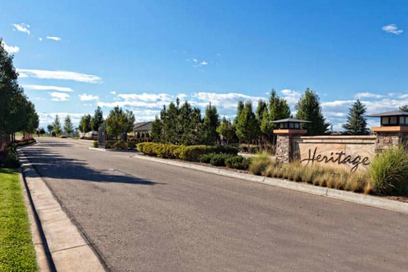 The entry road at Heritage Todd Creek in Thornton, Colorado.