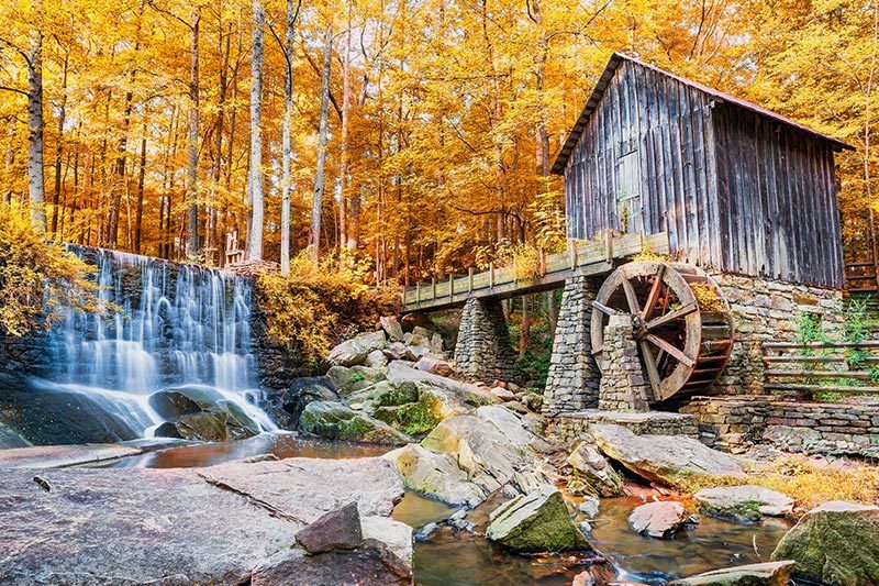 Historic mill and waterfall in Marietta, Georgia.