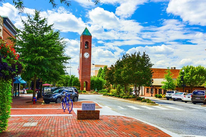 View down Main Street in Downtown Spartanburg in South Carolina.