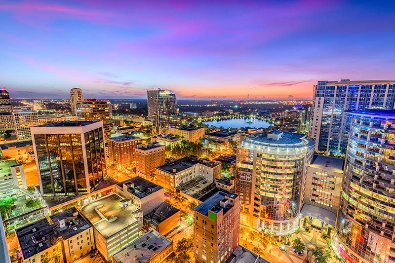 Aerial view of the Orlando, Florida cityscape at night