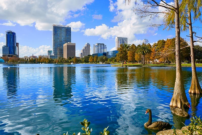 View of the Orlando skyline from across Lake Eola on a sunny day