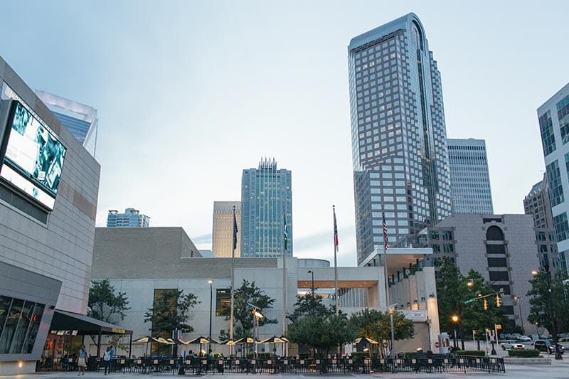 Outdoor seating at a restaurant near the NASCAR Hall of Fame in Downtown Charlotte, North Carolina.