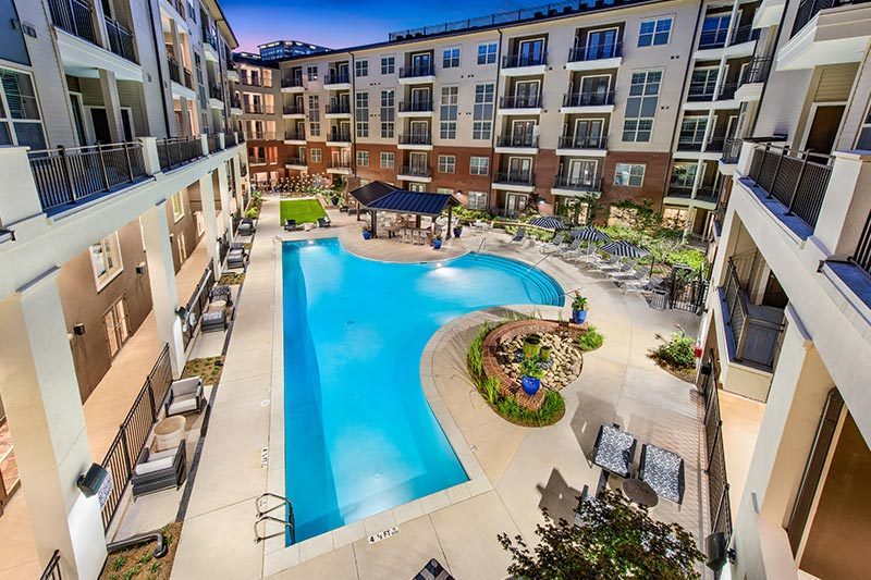 Aerial view of the outdoor pool at Overture Buckhead South, a 55+ community in Atlanta, Georgia.