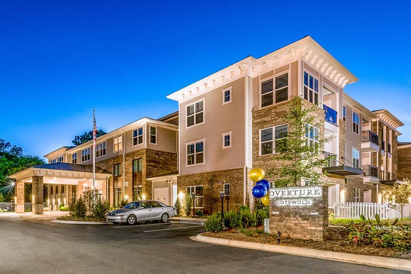 Exterior view of the entrance to Overture Cotswold in Charlotte, North Carolina.
