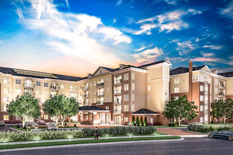Rendering of greenery surrounding the apartment buildings at Overture Providence in Charlotte, North Carolina.
