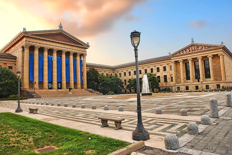 The east entrance of The Philadelphia Pennsylvania Museum of Art and the empty main plaza with Greek revival style facade.