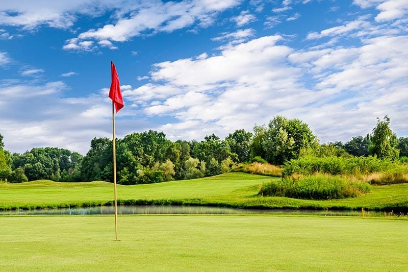 A putting green with a flag at a golf course on a summer day.