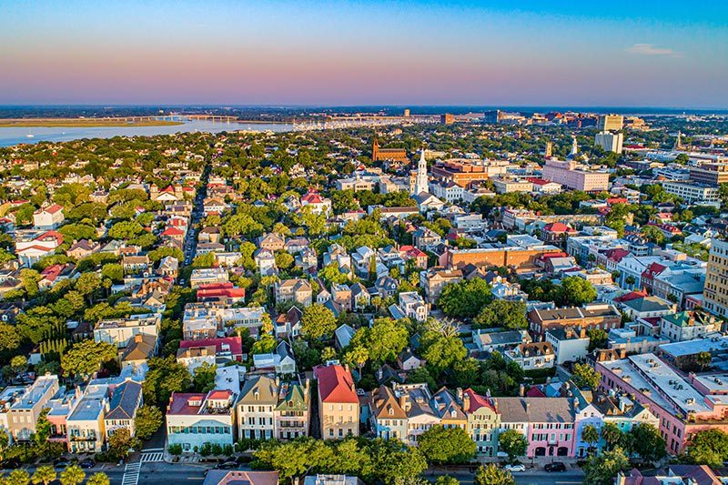 Aerial view of Rainbow Row in Charleston, South Carolina.