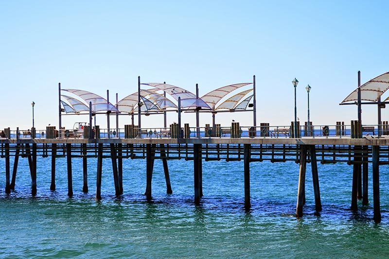 The Redondo Beach Pier and King Harbor in California on a sunny day.