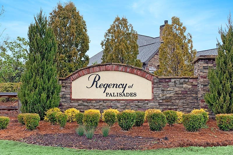 The welcome sign at the entrance of Regency at Palisades, a 55+ community in Charlotte, North Carolina.