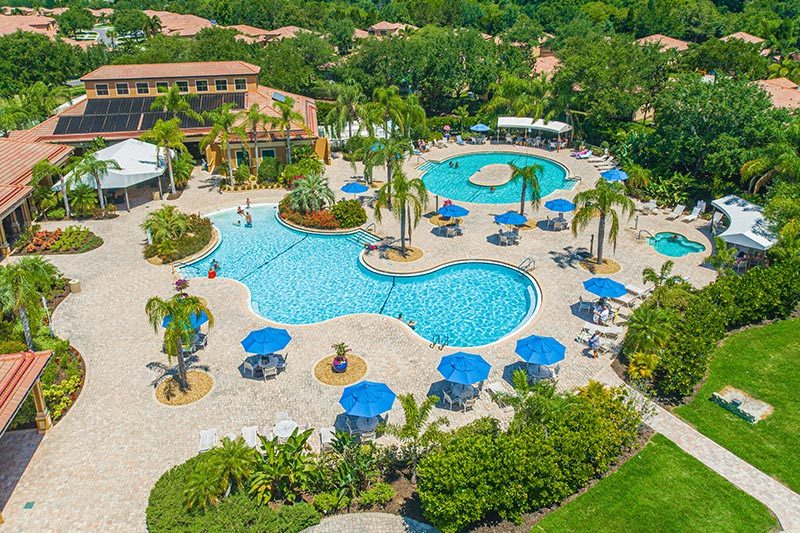 Aerial view of a resort-style pool in a suburban neighborhood.