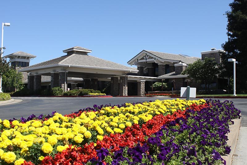 Flowers in front of the clubhouse at Sun City Roseville in Roseville, California.