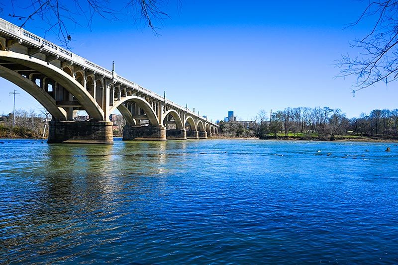 The Gervais Street Bridge connecting Columbia, South Carolina and West Columbia, South Carolina over the Congaree River.