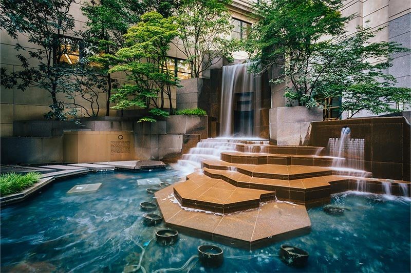 Fountains at Thomas Polk Park in Uptown Charlotte, North Carolina.