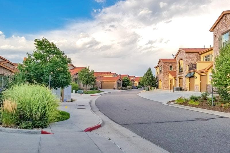 A residential street at Verona in Highlands Ranch, Colorado.