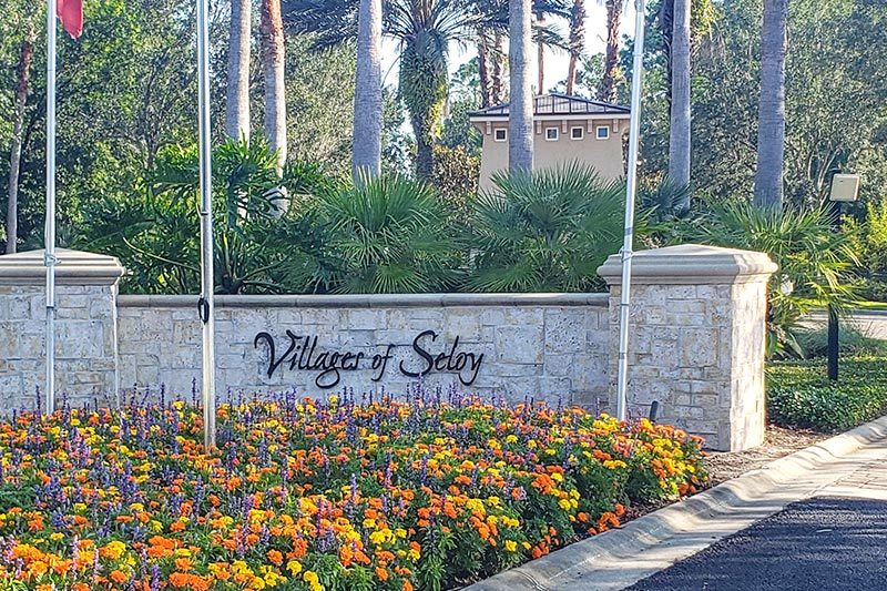 The community sign at the gated entrance of Villages of Seloy in St. Augustine, Florida.