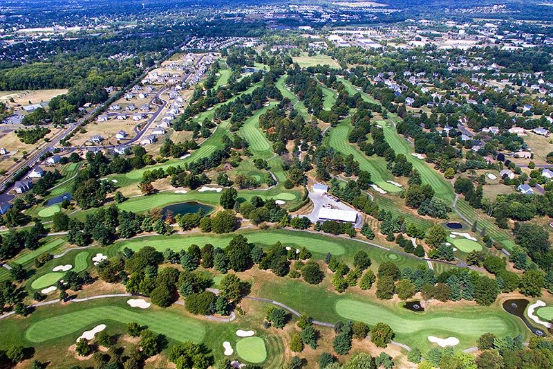 Aerial view of a golf course in Warminster, Pennsylvania.